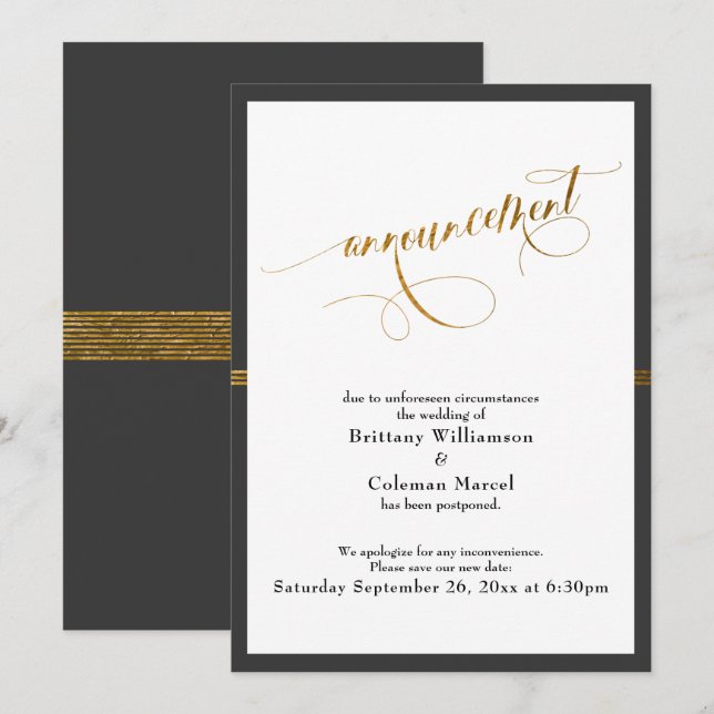 Elegant Announcement Dark Grey & Gold Stripe Card (Front/Back)