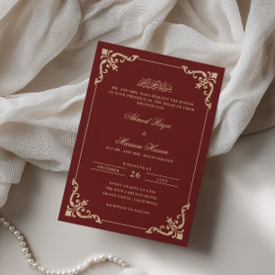 Elegant Antique Frame Gold Burgundy Nikah Ceremony Invitation
