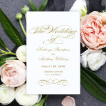 Elegant Antique Gold Calligraphy Wedding Programs<br><div class="desc">Grand antique gold calligraphy spells out "The Wedding Of" in sweeping ornate script across this elegant ceremony program. Decorative scroll flourishes in warm gold frame the design on a clean white background for a timeless, formal look. Inside pages are fully customizable for your bridal party, ceremony order, and a personal...</div>