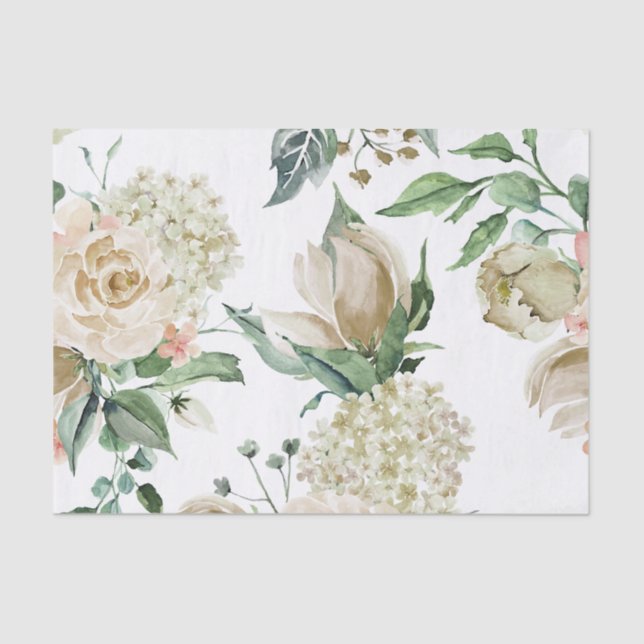 Elegant Antique Ivory Floral Botanical Decoupage Tissue Paper (Front)