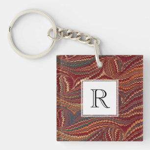 Elegant Antique Marbled Paper Burgundy and Gold Keychain