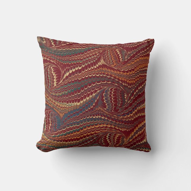 Elegant Antique Marbled Paper Burgundy and Gold Throw Pillow (Front)