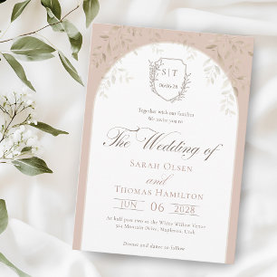 Elegant Antique Pink Crest Monogram Wedding Invitation