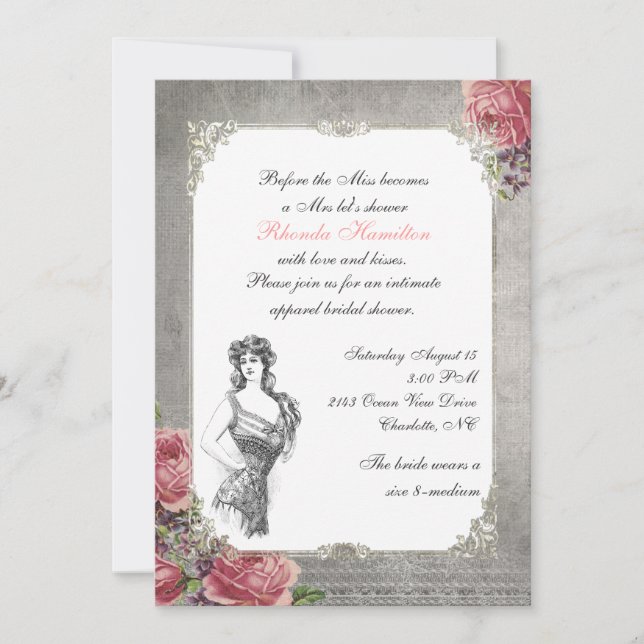Elegant Antique Roses Bridal Shower Invitation (Front)