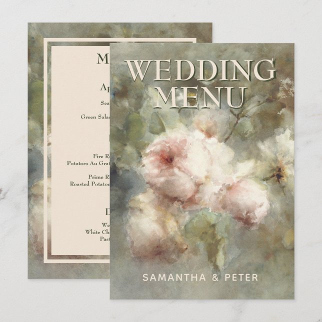 Elegant Antique Roses, Soft Pink Watercolor Floral Menu (Front/Back)