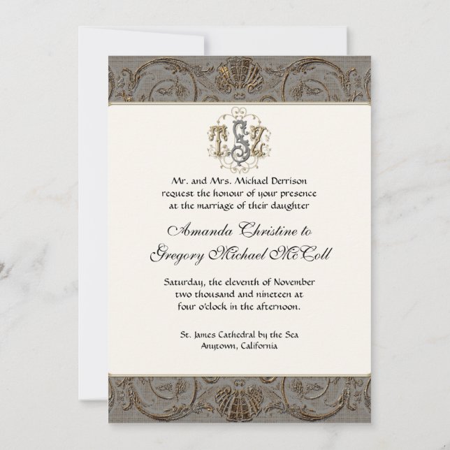 Elegant Antiqued Gold Baroque Custom Monogrammed 5 Invitation (Back)