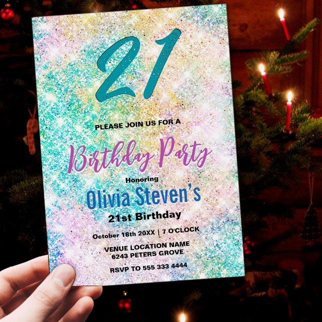 Elegant any age iridescent green rainbow glitter invitation (Creator Uploaded)