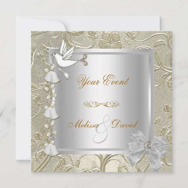 Elegant Any Event Gold Silver White Dove Damask Invitation (Front)