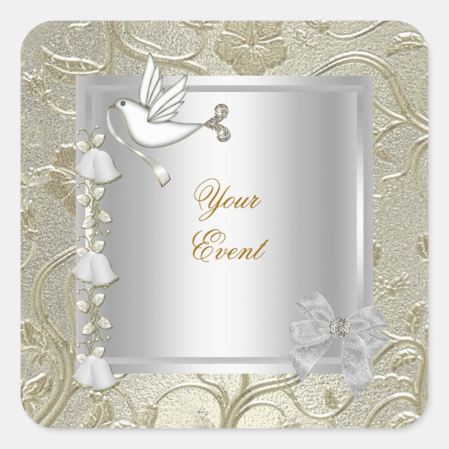 Elegant Any Event Gold Silver White Dove Damask Square Sticker (Front)