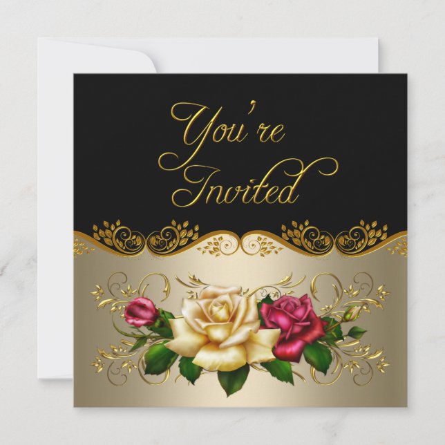Elegant Any Event Party Coffee Gold Red Roses Invitation (Front)