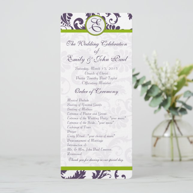 Elegant Apple Green Trim Lapis Purple Damask Program (Standing Front)