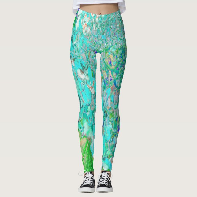 Elegant Aqua and Green Limelight Hydrangea Detail Leggings (Front)