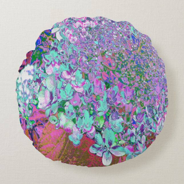Elegant Aqua and Purple Limelight Hydrangea Detail Round Pillow (Front)