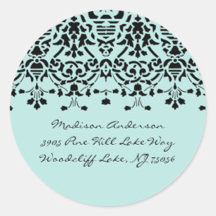 Elegant Aqua & Black Damask Address Label Sticker