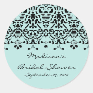Elegant Aqua & Black Damask Bridal Shower Sticker
