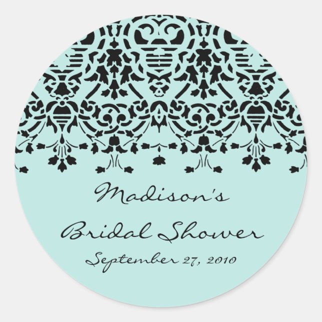 Elegant Aqua & Black Damask Bridal Shower Sticker (Front)