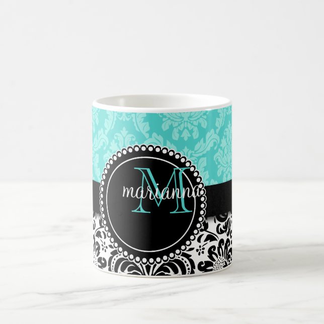Elegant Aqua Black Damask Personalized Coffee Mug (Center)