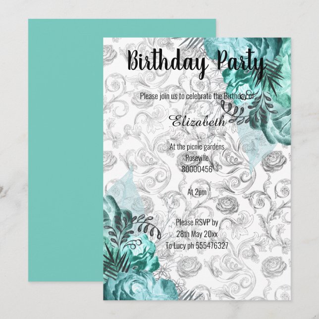 ELEGANT AQUA BLACK WHITE FLORAL BIRTHDAY INVITATION (Front/Back)