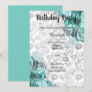 ELEGANT AQUA BLACK WHITE FLORAL BIRTHDAY INVITATION