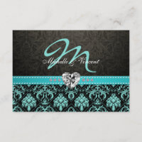 Elegant Aqua Blue and Black Damask Monogram RSVP