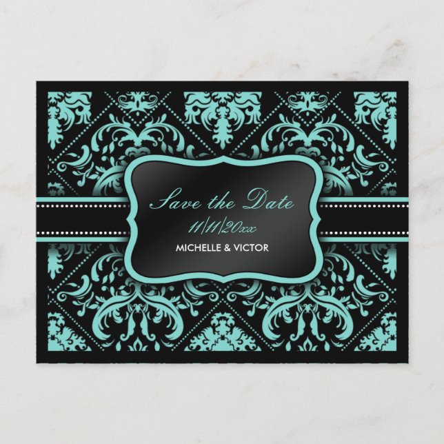 Elegant Aqua Blue and Black  Damask Save the Date Announcement Postcard (Front)