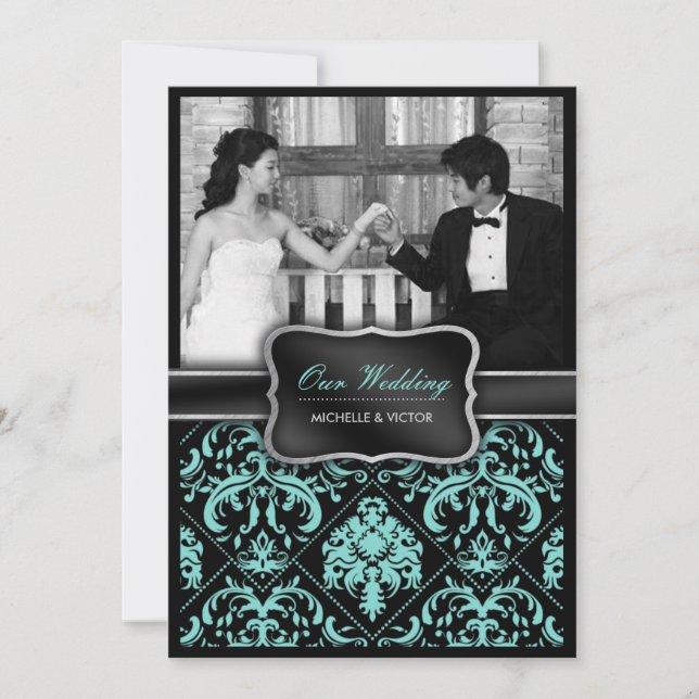 Elegant Aqua Blue and Black Damask Wedding Photo Invitation (Front)