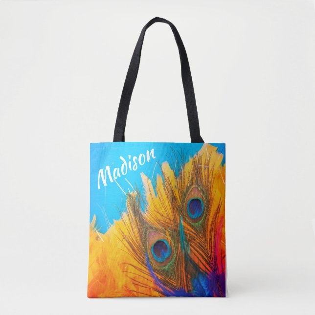 Elegant Aqua Blue and Yellow Peacock's Feathers Tote Bag (Front)