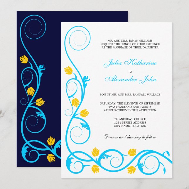 Elegant Aqua Blue and Yellow Swirls Invitation (Front/Back)
