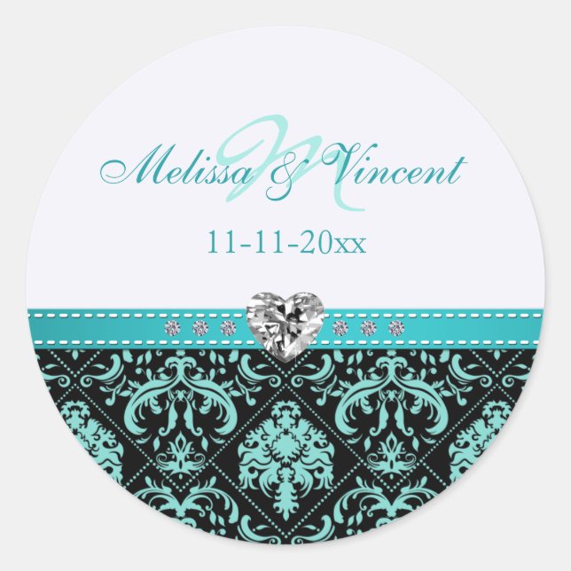 Elegant Aqua Blue / Black Damask "Bride & Groom" Classic Round Sticker (Front)