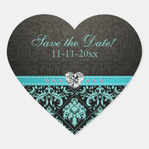 Elegant Aqua Blue / Black Damask "Save the Date" Heart Sticker
