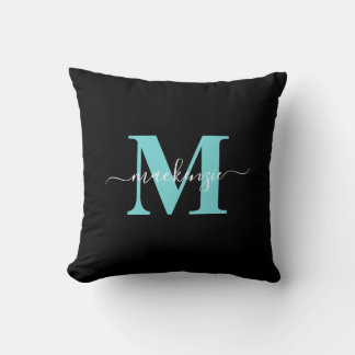 Elegant Aqua Blue Black Monogram Name Throw Pillow