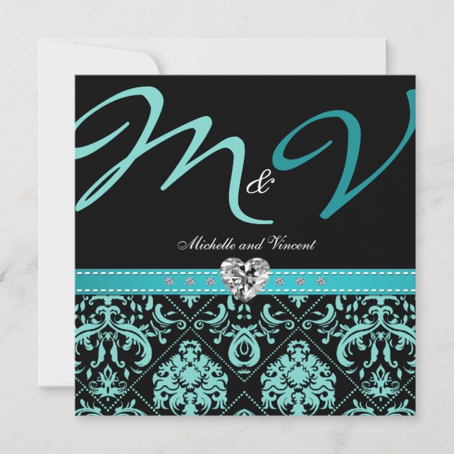 Elegant Aqua Blue Damask Wedding Invites (Front)