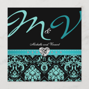 Elegant Aqua Blue Damask Wedding Invites