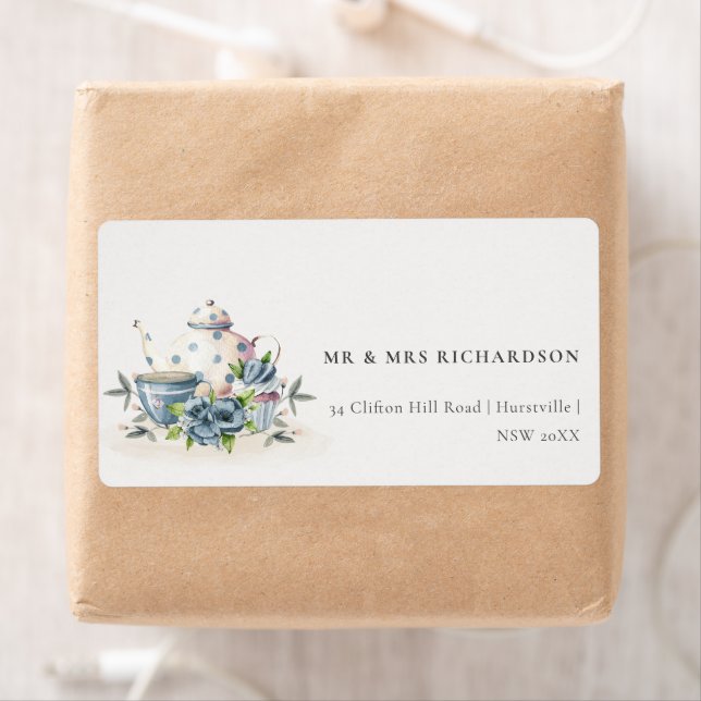 Elegant Aqua Blue Floral Teapot Cup Cake Address (Insitu)