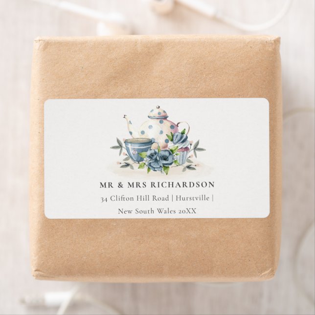 Elegant Aqua Blue floral Teapot Cup Cakes Address (Insitu)