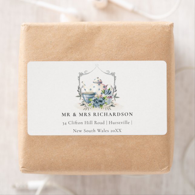 Elegant Aqua Blue floral Teapot Cup Crest Address (Insitu)