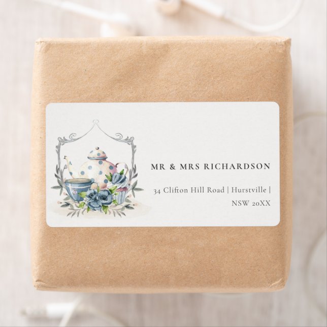 Elegant Aqua Blue floral Teapot Cup Crest Address (Insitu)