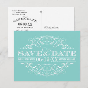 Elegant Aqua Blue Flourish Wedding Save the Date Announcement Postcard