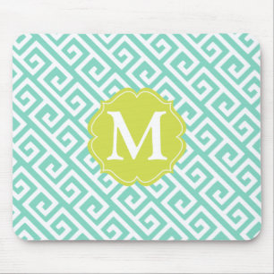 Elegant Aqua Blue Greek Key Personalized Mouse Pad