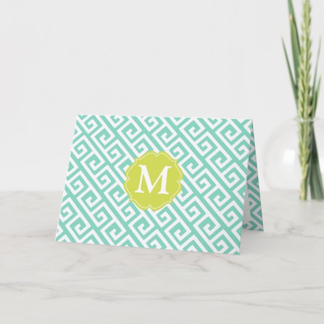 Elegant Aqua Blue Greek Key Personalized Note Card (Front)