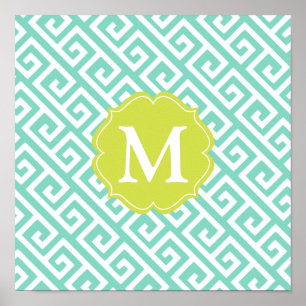 Elegant Aqua Blue Greek Key Personalized Poster
