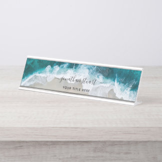 Elegant Aqua Blue Green Beach Script Desk Name Plate