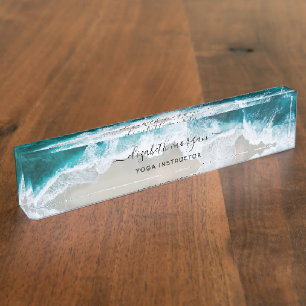 Elegant Aqua Blue Green Beach Yoga Instructor Nameplate