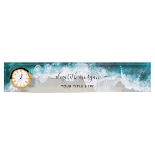 Elegant Aqua Blue Green Script Name Clock Nameplate