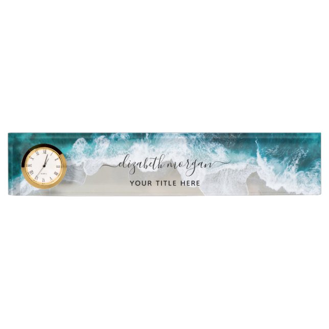 Elegant Aqua Blue Green Script Name Clock Nameplate (Front)