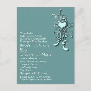 Elegant Aqua Blue Heart Swirl Wedding Invitation Postcard