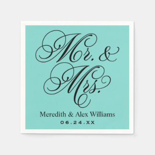Elegant Aqua Blue Mr and Mrs Script Monogram Napkin