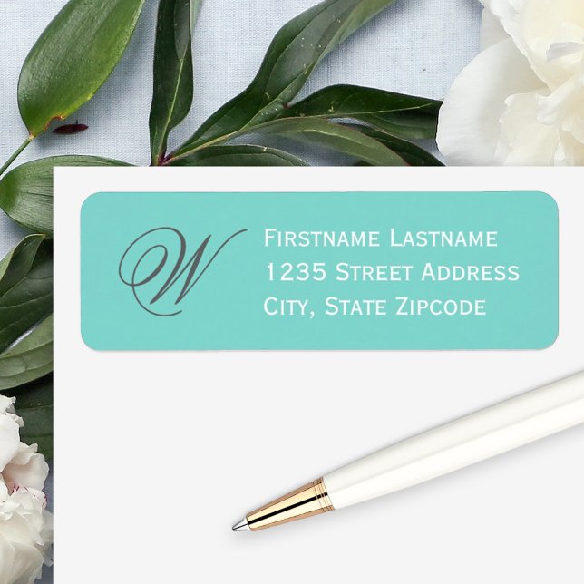 Elegant Aqua Blue Script Monogram Address (Creator Uploaded)
