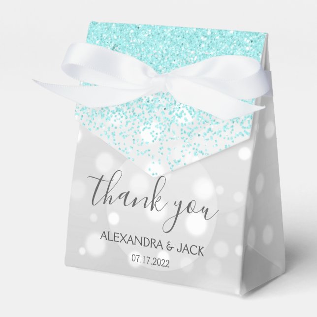 Elegant Aqua Blue Silver Sparkly Glitter Wedding Favor Box (Front Side)