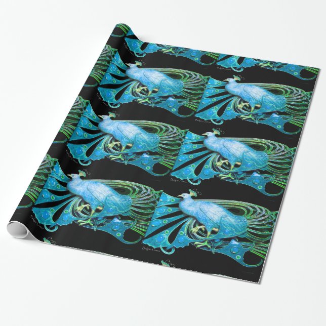 ELEGANT AQUA BLUE TURQUOISE PEACOCK AND GEM STONES WRAPPING PAPER (Unrolled)